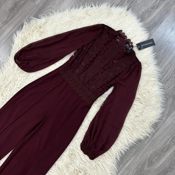 NWT EMPRADA Nerine crochet lace mesh jumpsuit in burgundy red - M - Picture 3 of 7